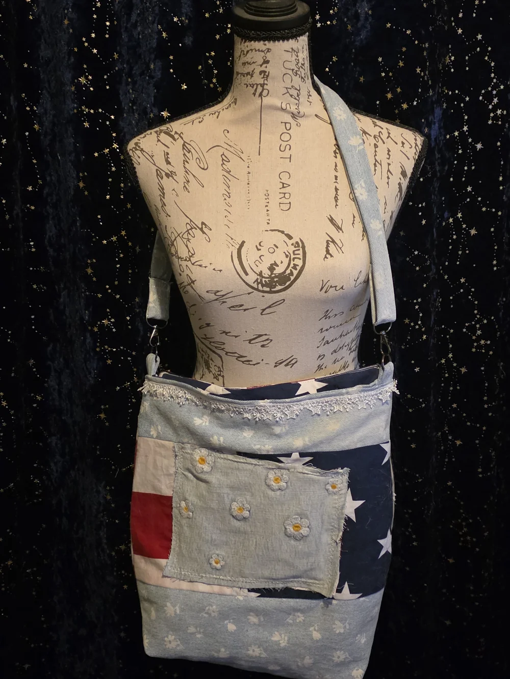 Handmade Patchwork Daisy Crossbody Bag - Light Blue